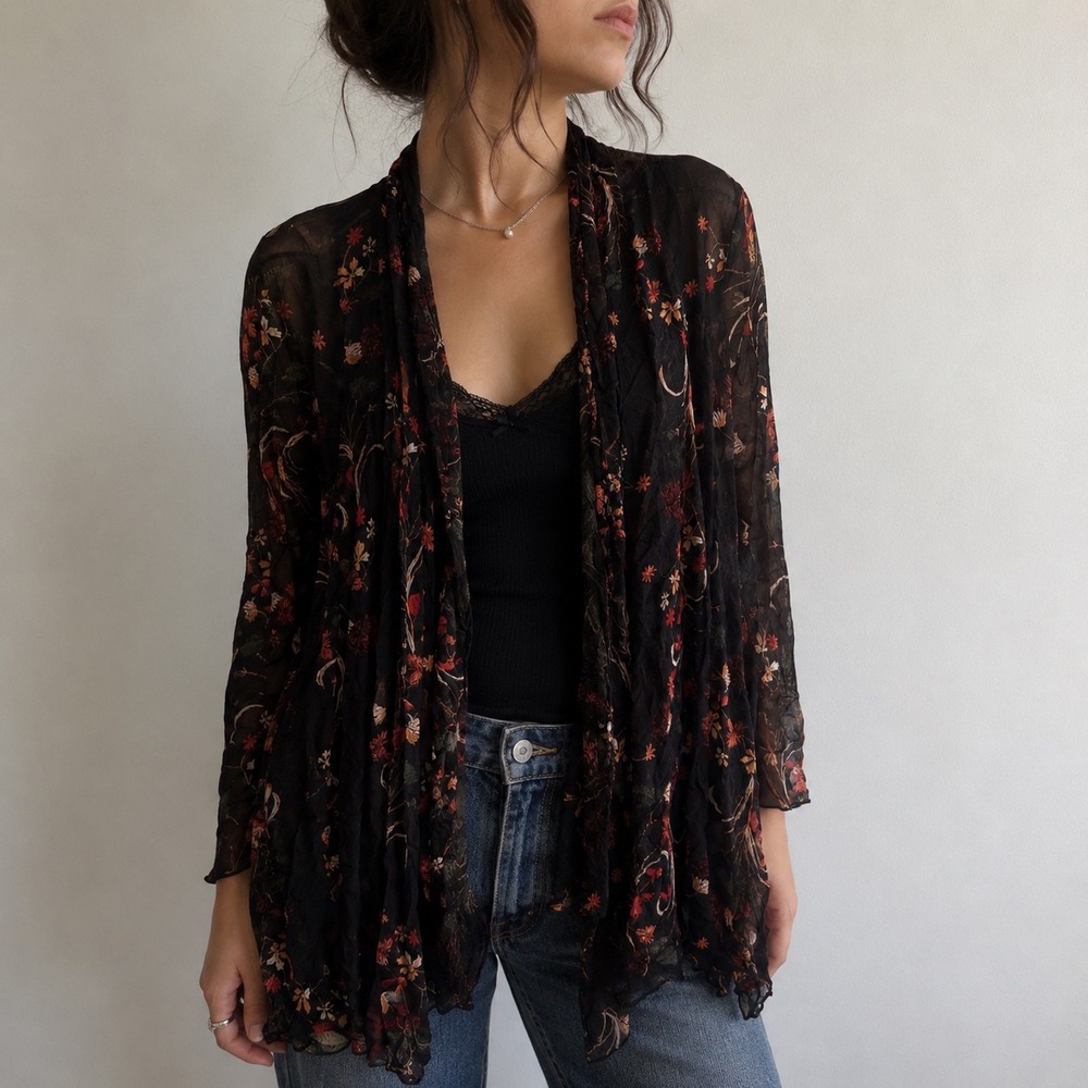 Comfy‎ USA Black Floral Mesh Cardigan Sheer Crinkle Whimsygoth XS Boho Fairycore